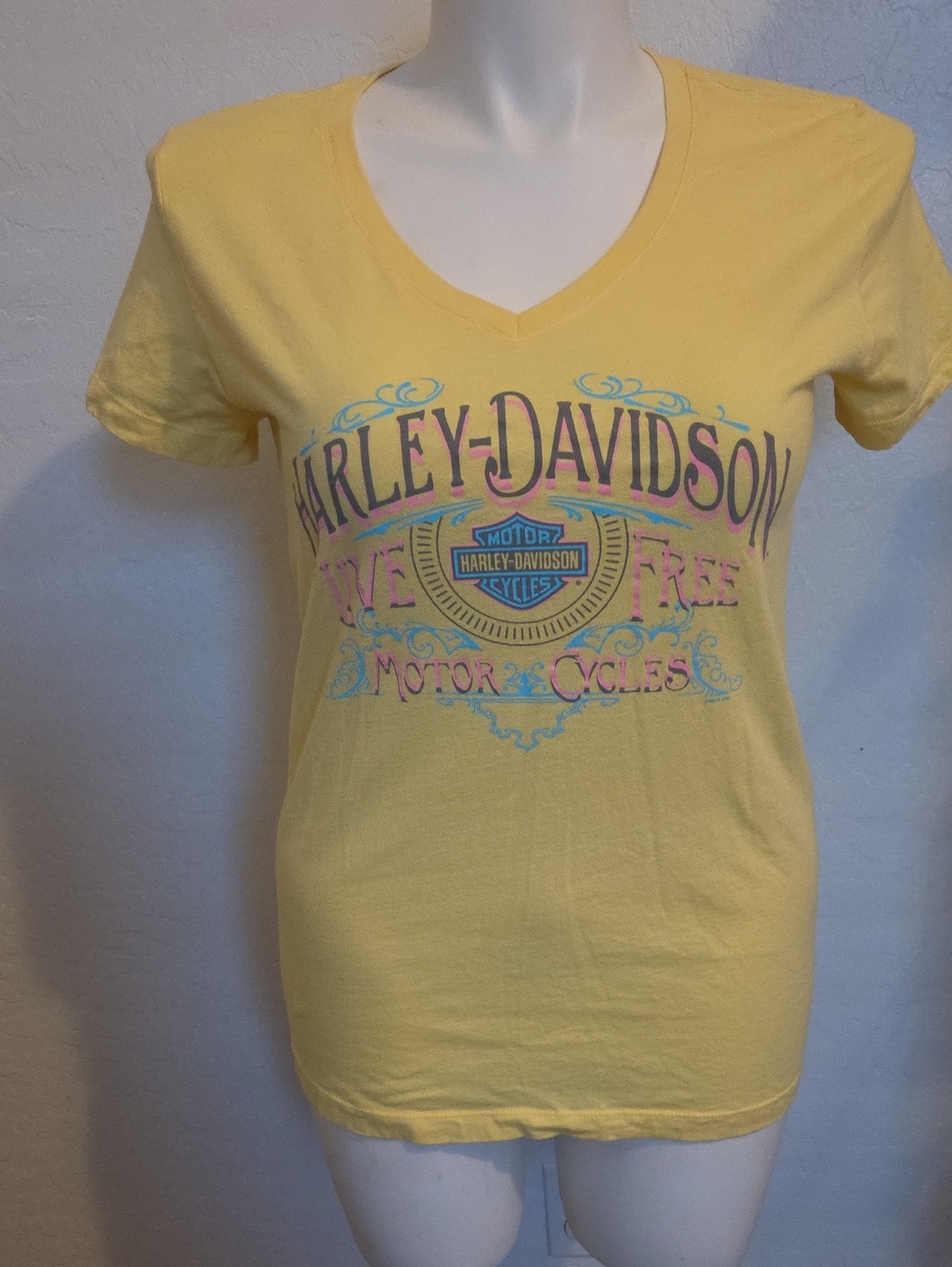 Harley-Davidson Yellow V-Neck Graphic Tee with Multicolor Logo